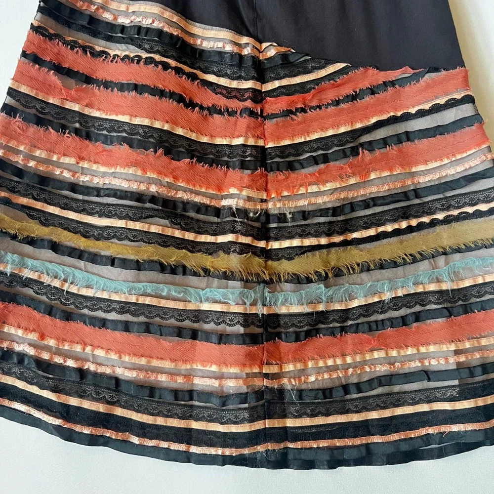 Vintage Boho Striped Tiered Pleat A-Line Midi Skirt Black Multi Color Waist 33